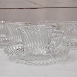 6 FEDERAL GLASS Clear Diana Pattern Swirl Demitasse Cup & Saucer Sets Depression